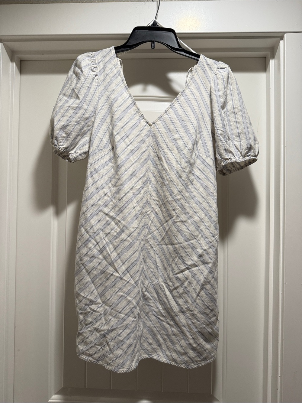 a new day White and Light Blue Striped V-Neck Puff-Sleeve Mini Dress